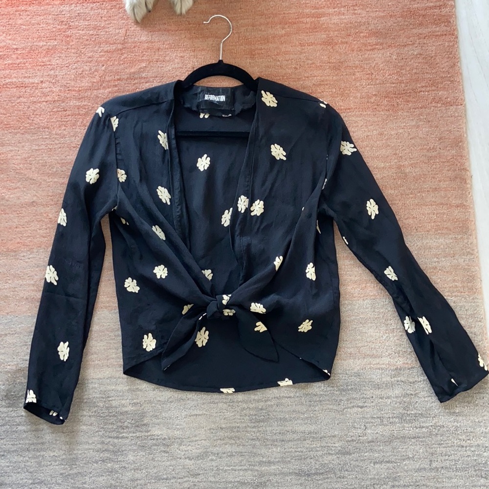 Reformation Crop Black Floral Tie Blouse